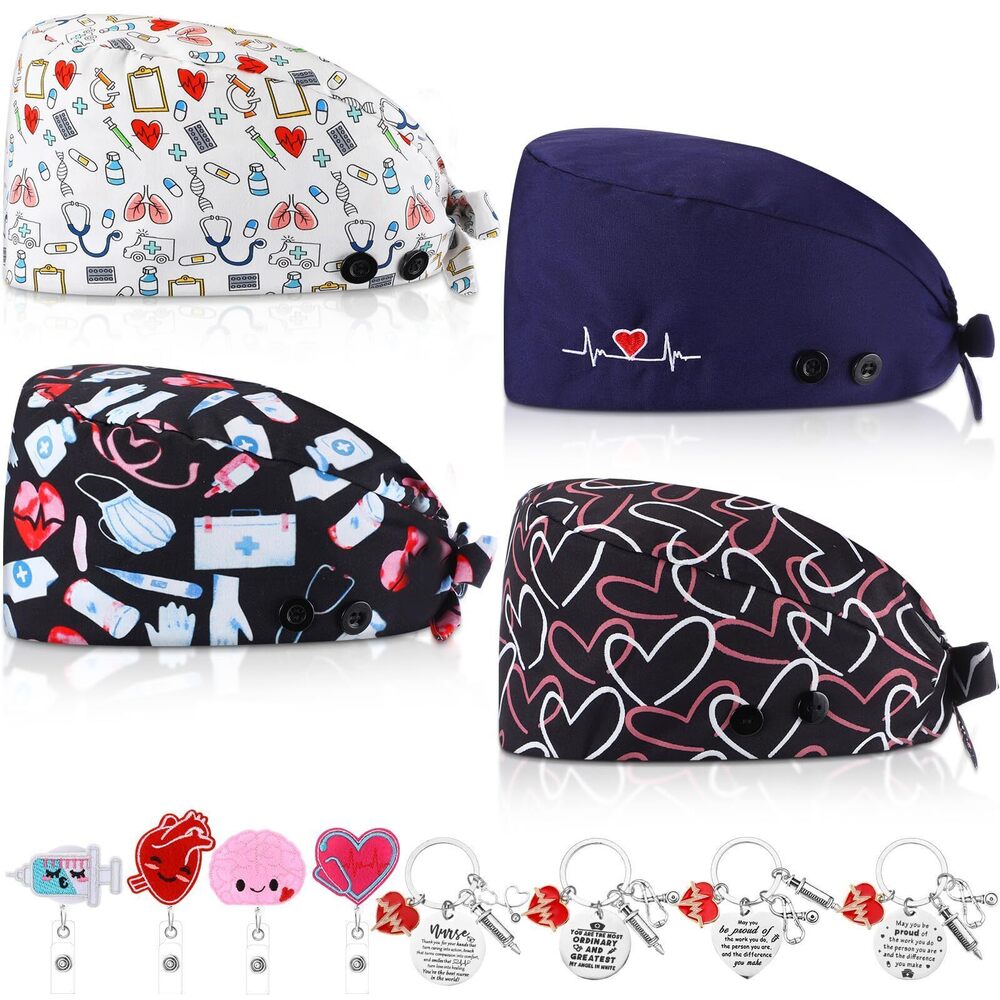 7027 4 Pcs Nurse Scrub Caps Nursing Working Caps with Button Sweatband